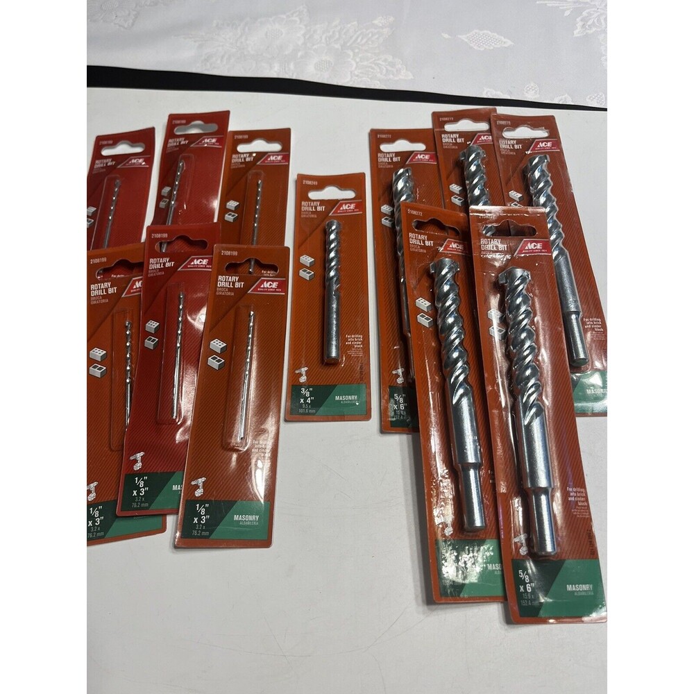 Lot of 12 Ace Rotary Drill Bits Masonry 1/8” 3/8” 5/8”